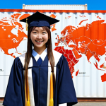 **A young Japanese graduate, determined and smiling, stands in front of a world map dotted with shipping containers.  The scene is bright and hopeful, symbolizing the start of their international logistics career.  Japanese text overlay: "国際物流への扉を開くまで" (Until opening the door to international logistics).**