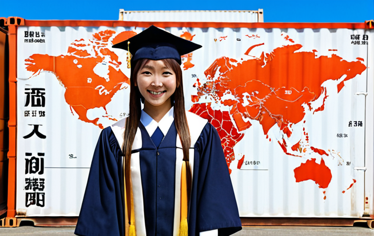 **A young Japanese graduate, determined and smiling, stands in front of a world map dotted with shipping containers.  The scene is bright and hopeful, symbolizing the start of their international logistics career.  Japanese text overlay: "国際物流への扉を開くまで" (Until opening the door to international logistics).**