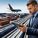 **

A bustling international port scene. Cargo ships, airplanes, and trucks are moving goods. A determined-looking international logistics professional in a suit is orchestrating the movement with a tablet. The overall feeling is one of global connectivity and complex logistics.

**