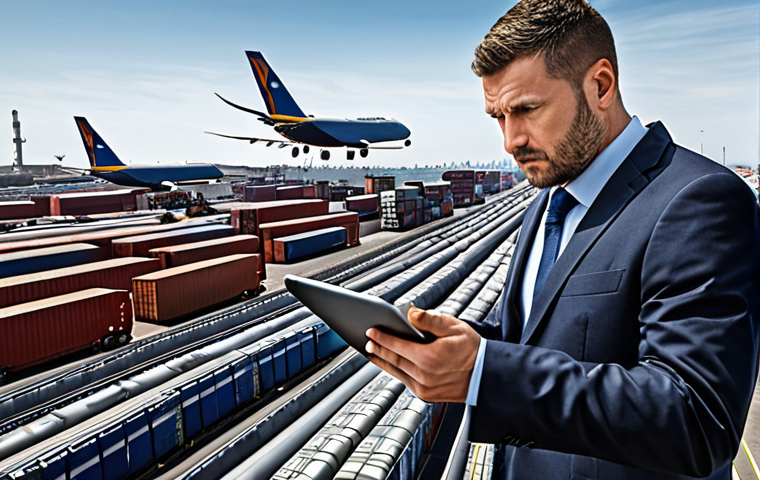 **

A bustling international port scene. Cargo ships, airplanes, and trucks are moving goods. A determined-looking international logistics professional in a suit is orchestrating the movement with a tablet. The overall feeling is one of global connectivity and complex logistics.

**