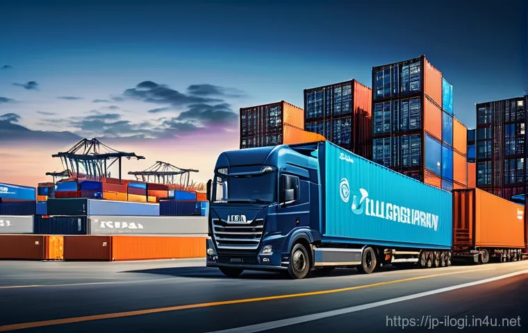 국제물류사 시험에서 자주 나오는 문제 유형 - A dynamic and vibrant scene depicting the intricate network of international logistics. In the foreg...