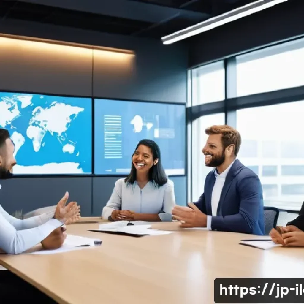 국제물류사로서의 직업 만족도 향상 방법 - A diverse multicultural business meeting scene in a modern international logistics office, featuring...