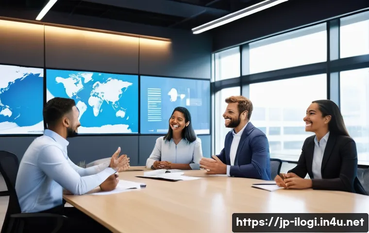 국제물류사로서의 직업 만족도 향상 방법 - A diverse multicultural business meeting scene in a modern international logistics office, featuring...