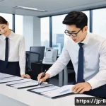 국제물류사 업무 중 실수 사례와 대처법 - A modern international logistics office scene with a diverse team of Japanese professionals collabor...