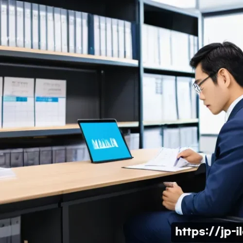 국제물류사 자격증 유효기간 및 갱신 방법 - A professional Japanese office setting showing a focused mid-30s Japanese man in business attire sit...