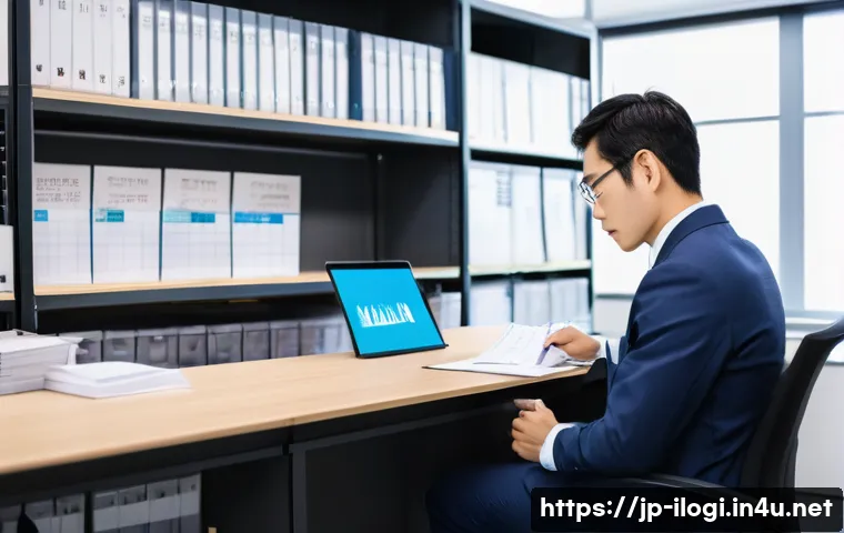 국제물류사 자격증 유효기간 및 갱신 방법 - A professional Japanese office setting showing a focused mid-30s Japanese man in business attire sit...