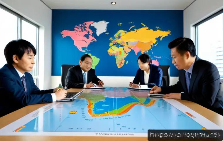 국제물류사로서의 글로벌 시장 진출 전략 - Photorealistic international logistics strategy meeting in a modern Tokyo office, Japanese business ...
