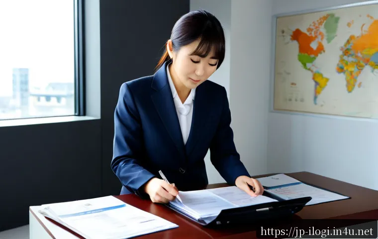 국제물류사 취업 준비 시 필요한 필수 서류 - Photorealistic Japanese job seeker in smart business attire organizing essential international logis...